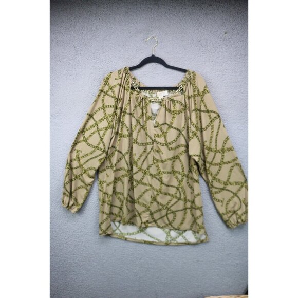 Michael Kors Long Sleeve Chain Print Blouse-Size XL-Logo-Peek-a-Boo-Hi-Lo-Silky - Picture 1 of 10